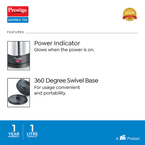 PKSS 1.0 Stainless Steel Electric Kettle 1350W, 1.0L (Silver)