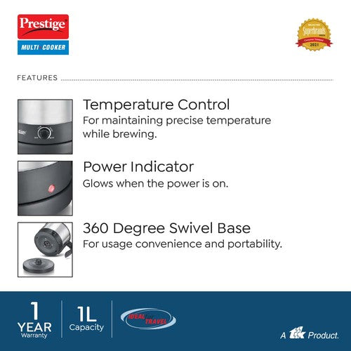 Prestige 1L PMC 1.0 Plus Multi Kettle / Multi Cooker| Glass Lid with Stainless Steel rim|Temperature Control |Power Indictor (Silver, Black)