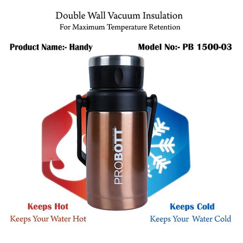 Handy 1500ml Thermos Flask Bottle, Stainless Steel Vacuum Insulated Hot & Cold Water Bottle | Leak-Proof | Portable & Eco-Friendly | Silver | PB 1500-03