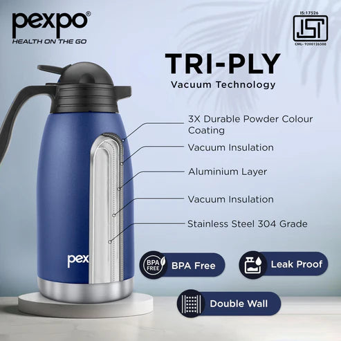 Pexpo- Stainless Steel Cosmo Carafe Vacuum Insulated (Tea pot) | 24/7 Hot & Cold 600 ML - Denim Blue