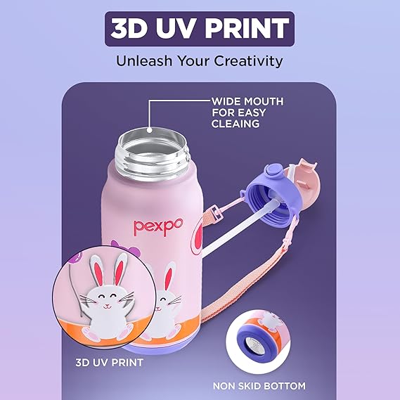 Pexpo Poggo 450 Hot & Cold Stainless Steel Water Bottle for 6+ Years Kids - 420 ml |Rabbit UV Printed Design |Vacuum Insulated|Leak Proof & BPA Free|School, Picnic, Travel