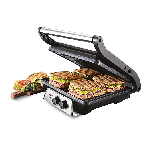 Usha iChef Sandwich Grill | 2000 Watt| Large 4 Slice Flat Bread Griller | 0-180° Flat Bed | Temperature and Timer Control | Auto Shut-off after Pre-Set time