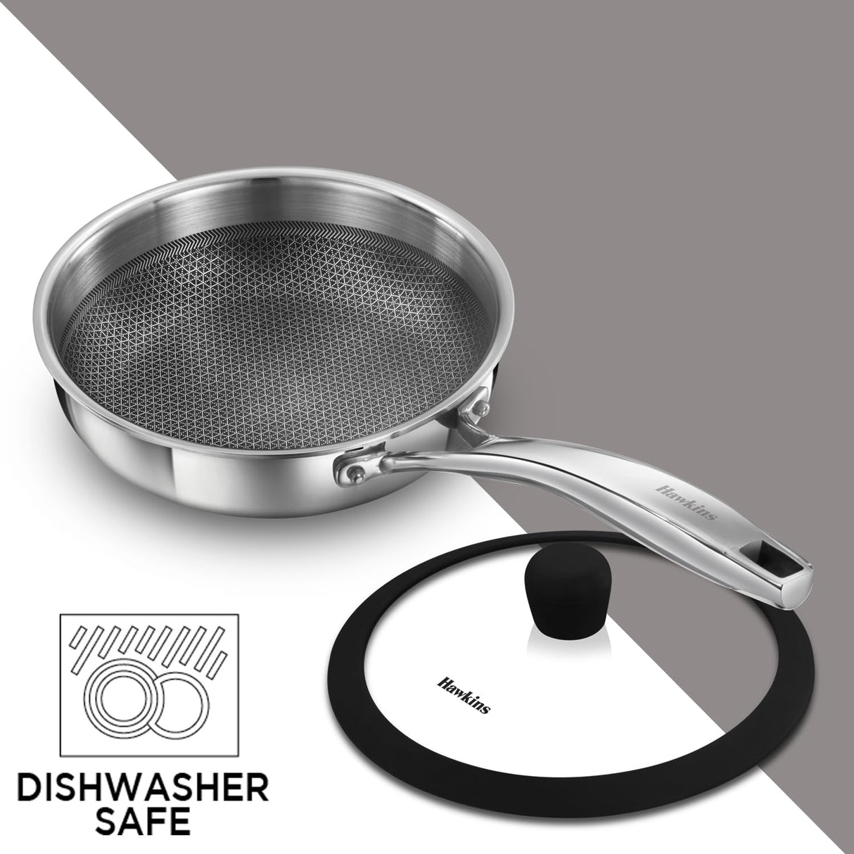 Hawkins Pro 18 cm Shielded Nonstick Triply Frying Pan, Fry Pan with Stainless Steel Handle and Glass Lid, Silver (PSNF18G)