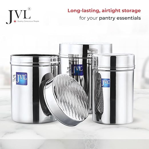 JVL Classicware Vintage Designer Canister Stainless Steel Kitchen Storage Jar with Lid Airtight, Mirror Polish Finish Ideal for Tea, Coffee, Sugar, Spices (450 ML) VCC - 1