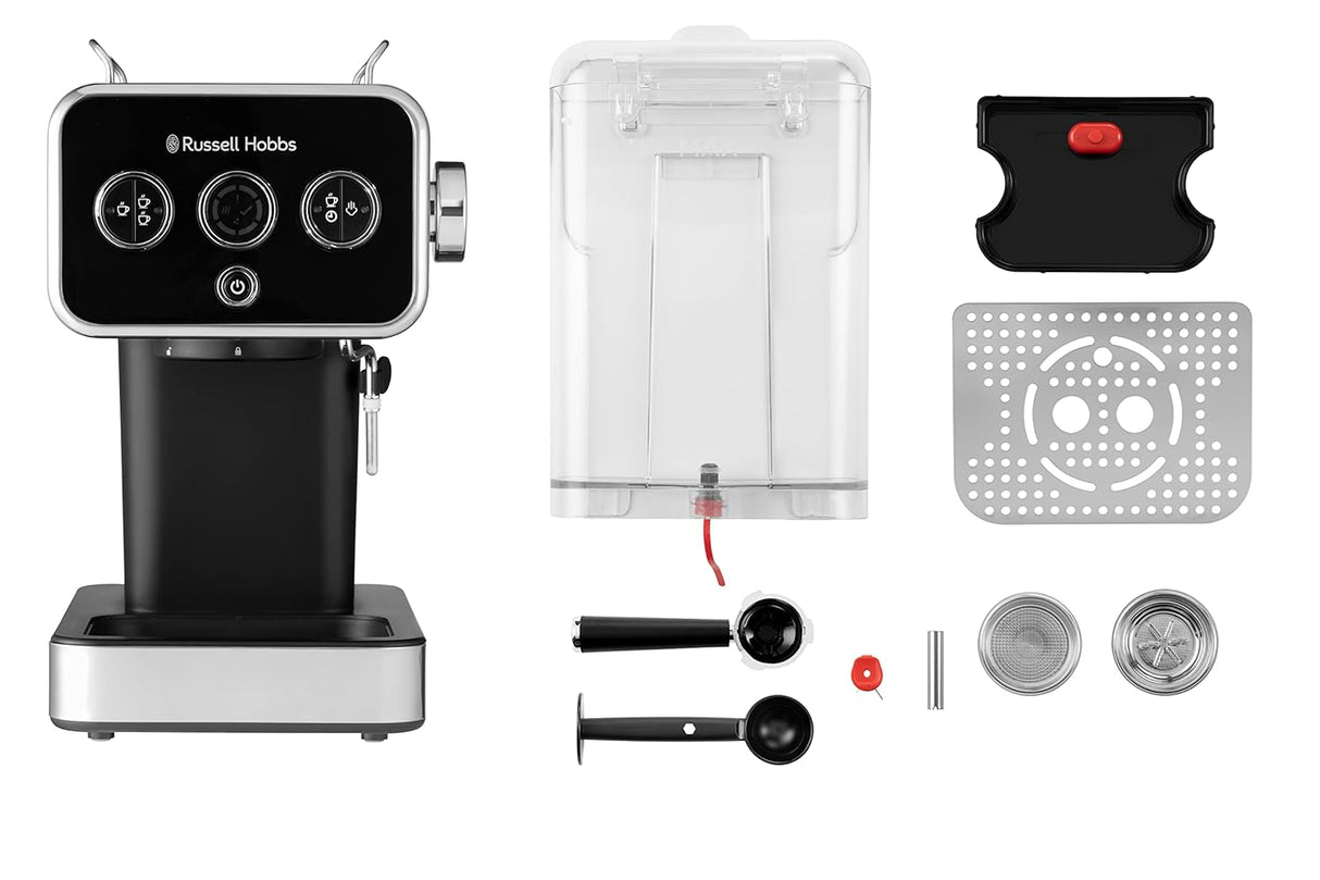 Distinctions Espresso Coffee Machine | 1350W 15 Bar Pump Pressure + Milk Frother Steam Wand, Latte & Cappuccino | Detachable Water Tank, ESE pods, Cup warmer, Black, SS| 26450-56