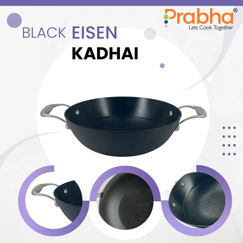 Black Eisen Cast Iron Kadhai With Steel Handle 2.5L, 24cm