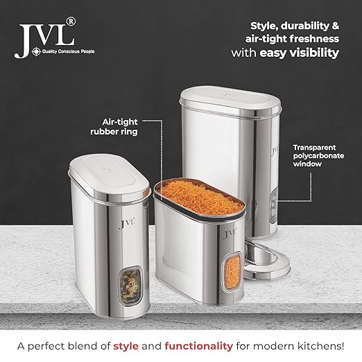 JVL Stainless Steel Kitchen Storage Container, Capsule Shape Galaxy Window Canister with Unbreakable Steel Lid - Durable and Elegant Food Storage Jar for Spices, Snacks, Grains (1.2 Litres) GW-0