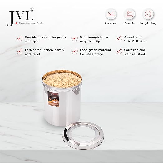 JVL Classicware Classic Stainless Steel Storage Tin with See-Through Lid | Mirror Finish, Airtight, Rust-Resistant Container for Spices, Grains, Snacks & Dry Fruits, Durable & Easy to Clean (2.8 L) CLT - 3
