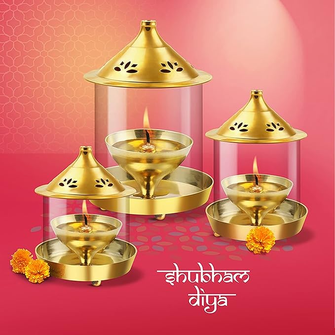 Treo Shubham Brass Diya with Borosilicate Glass Cover, Large