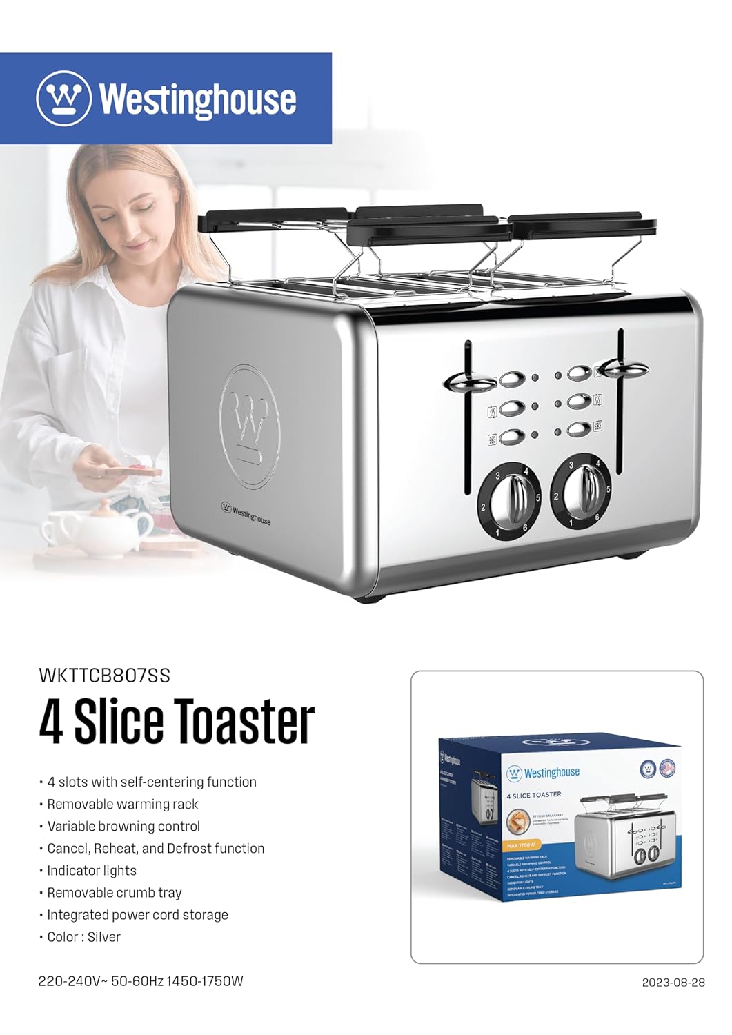 Westinghouse 4 Slice Toaster WKTTCB807SS | Self-Centering Slots | Variable Browning Control | Removable Warming Rack | Integrated Cord Storage | Cancel, Reheat, Defrost Functions | Silver