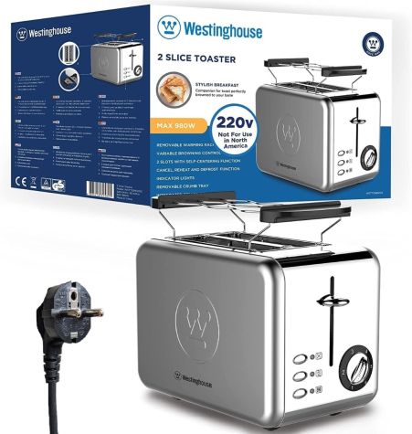 Westinghouse 220 Volt Toaster Stainless Steel 2 Slice Removable Warming Rack WKTTCB850SS