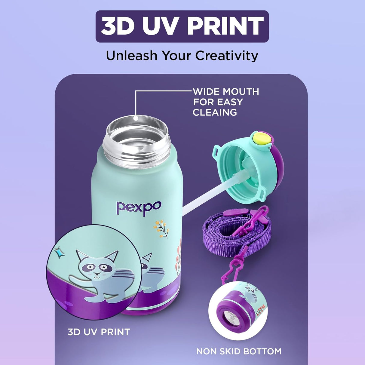 Pexpo Poggo 450 Hot & Cold Stainless Steel Water Bottle for 6+ Years Kids - 420 ml |Raccoon UV Printed Design |Vacuum Insulated|Leak Proof & BPA Free|School, Picnic, Travel