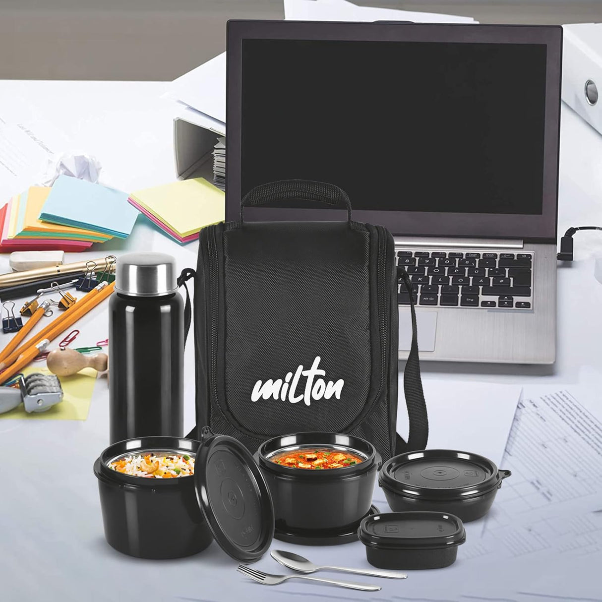 Pro Lunch Box with Steel Cutlery, 3 Microwave Safe Inner Steel Containers (180ml, 320ml, 450ml) Plastic Chutney Dabba 100ml, Steel Bottle 750ml with Insulated Bag, Office Tiffin, Black