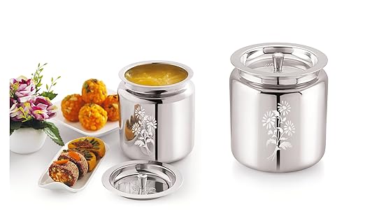Mukti Stainless Steel Food Storage Jars & Containers|Ghee, Oil, Pickle Pot|Serving & Storing|Heritage Flora Ghee Pot Without Spoon|300ml x 1
