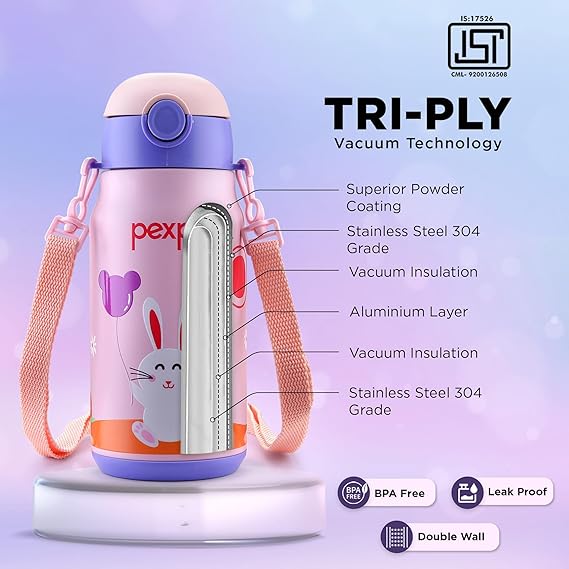 Pexpo Poggo 450 Hot & Cold Stainless Steel Water Bottle for 6+ Years Kids - 420 ml |Rabbit UV Printed Design |Vacuum Insulated|Leak Proof & BPA Free|School, Picnic, Travel