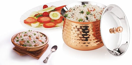 Mukti Stainless Steel Food Storage Handis & Cooking Pots|Curry Pots, Gravy, Rice Patilas, Biryani Kadhai & Topes|Mudhiras Golden Curry & Rice Pot with Lid|550ml x 1pc