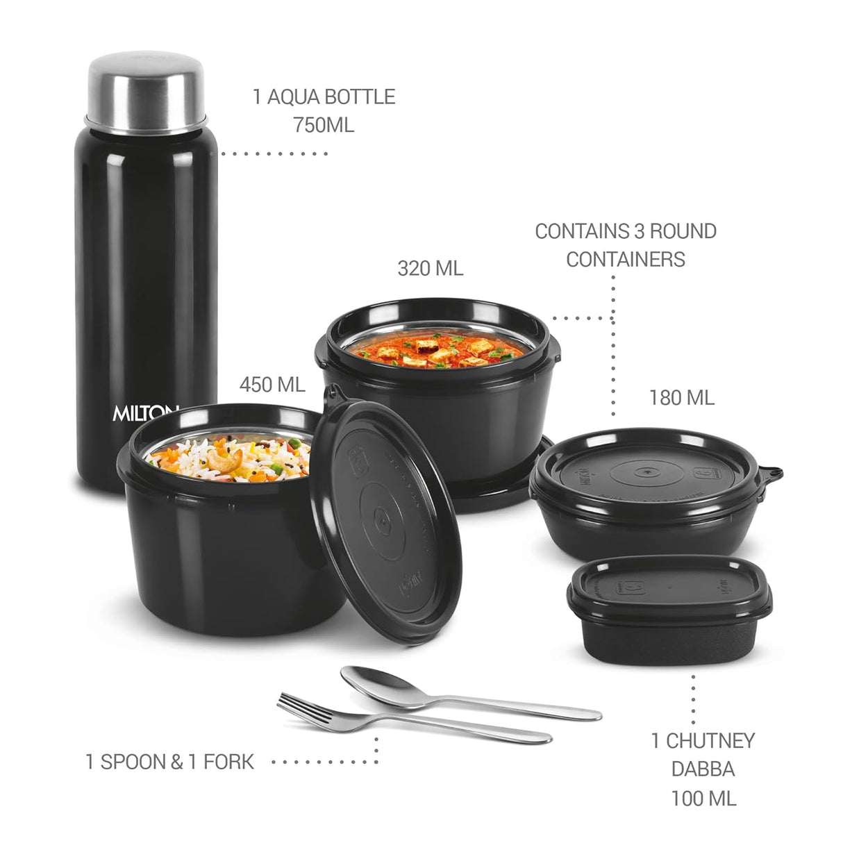 Pro Lunch Box with Steel Cutlery, 3 Microwave Safe Inner Steel Containers (180ml, 320ml, 450ml) Plastic Chutney Dabba 100ml, Steel Bottle 750ml with Insulated Bag, Office Tiffin, Black