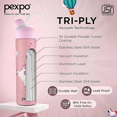 Pico Pro 500 Cute Sipper 470ml Unicorn UV Printed Design – Hot & Cold Stainless Steel Kids Water Bottle, Vacuum Insulated, Leak Proof, RCB Edition