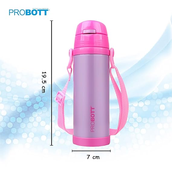 Probott Tom 500ml Kids Vacuum Insulated Flask – Hot & Cold Stainless Steel Sipper Bottle with Straw & Strap, Blue, Leak-Proof & Dishwasher Safe PB 500-51