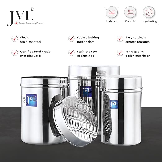 JVL Classicware Vintage Designer Canister Stainless Steel Kitchen Storage Jar with Lid Airtight, Mirror Polish Finish Ideal for Tea, Coffee, Sugar, Spices (450 ML) VCC - 1