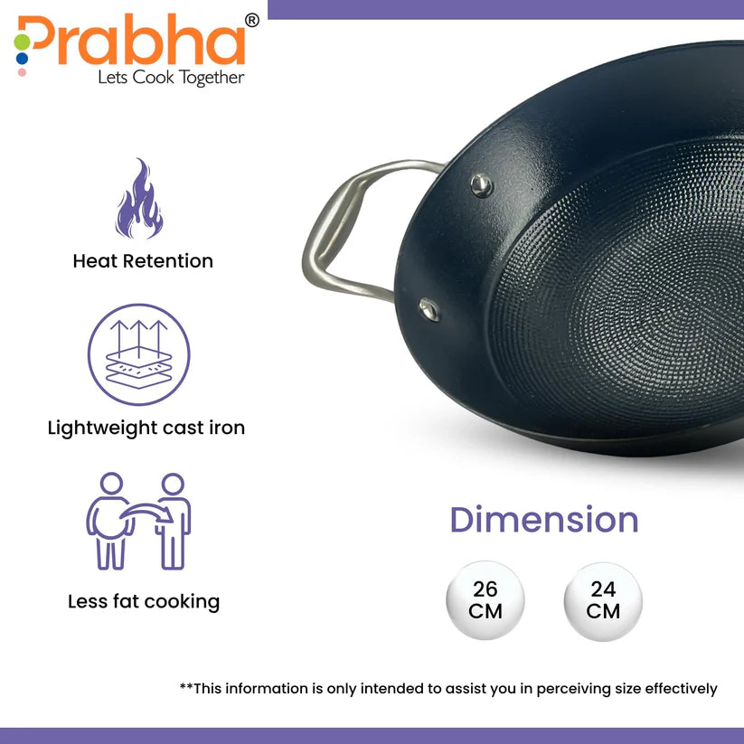 Black Eisen Cast Iron Kadhai With Steel Handle 2.5L, 24cm