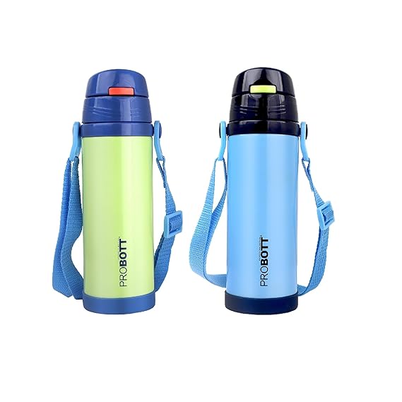 Probott Tom 500ml Kids Vacuum Insulated Flask – Hot & Cold Stainless Steel Sipper Bottle with Straw & Strap, Blue, Leak-Proof & Dishwasher Safe PB 500-51