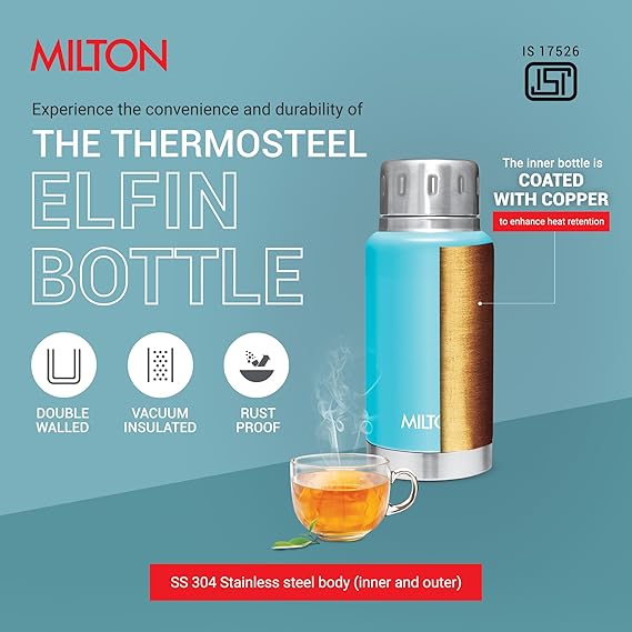 Milton Elfin 160 Thermosteel Water Bottle 160 ml, 24 Hr Hot and Cold I Leak Proof Lid, ISI Certified I Vacuum Insulated I for Office, Gym, School I Light Blue