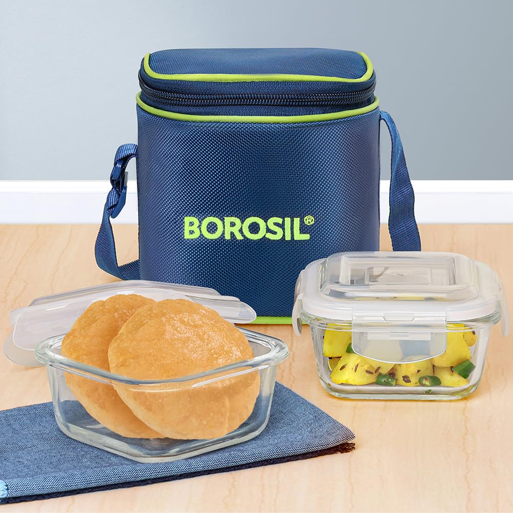 Borosil Klip n Store Lunchbox with Bag | Set of 2 (320ml Each), Square | Borosilicate Glass, Vertical | Microwave & Dishwasher Safe, Leakproof | Tiffin for Office/School/College | Blue, Transparent