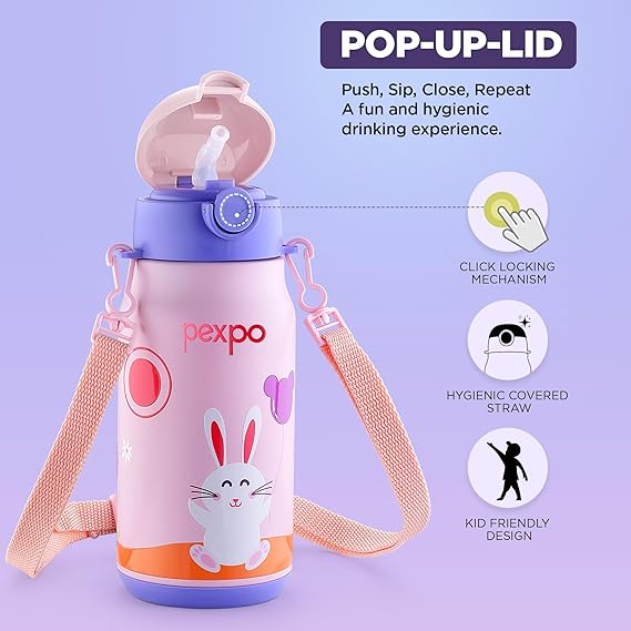 Pexpo Poggo 450 Hot & Cold Stainless Steel Water Bottle for 6+ Years Kids - 420 ml |Rabbit UV Printed Design |Vacuum Insulated|Leak Proof & BPA Free|School, Picnic, Travel