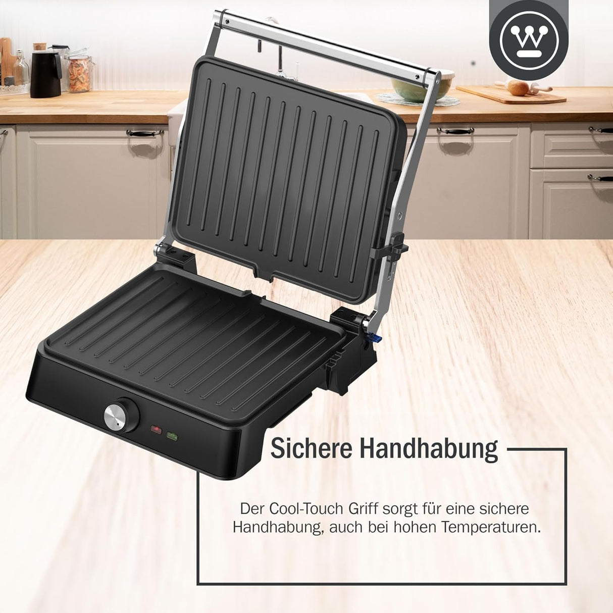 Westinghouse 2200W Retro Contact Grill | Double Sided Non-Stick Grill Plate for Indoor Table Grilling | Opens 180° to Double Size | Adjustable Height Control | Cool Touch Handles | (Black WKCG907BK)