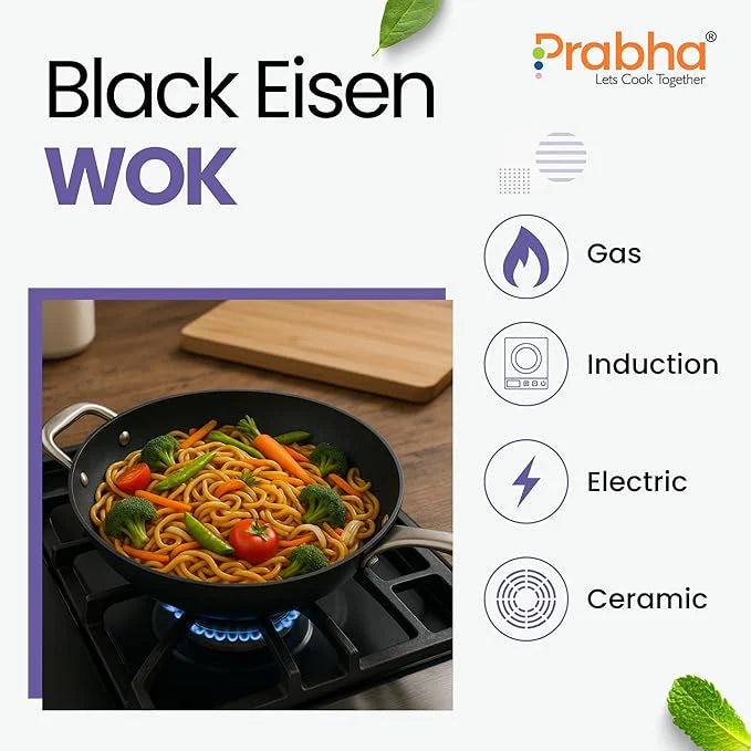 Black Eisen Cast Iron Wok With Steel Handle