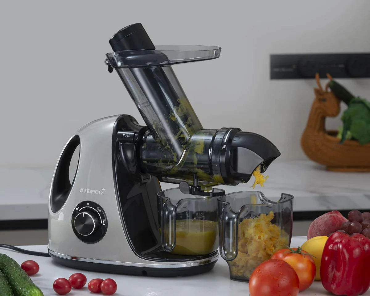 RJE150H 150W Cold Press Whole Slow Juicer | Horizontal Design Copper Motor | Wide Feed Chute | 500ml Jug & Pulp Containers | Quiet Operation | Dishwasher Safe Parts