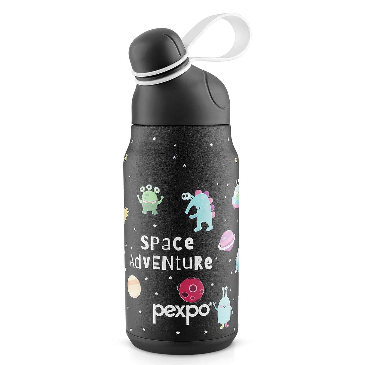 Pexpo Piano 450 - Cute Sipper|Hot & Cold Thermoflask - 420ml, Space Print|Stainless Steel Water Bottle for 6+ Years Kids & Adults|Vacuum Insulated|Portable Handle|Double Wall | School,Gym