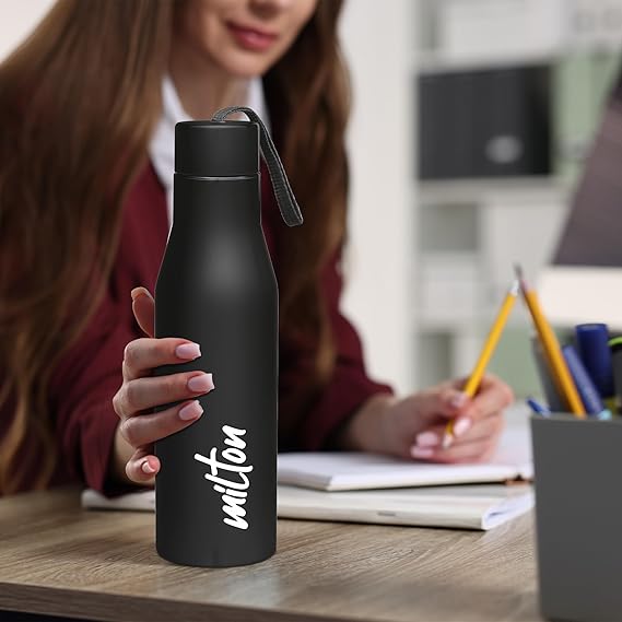 Milton Super 1000 Stainless Steel Water Bottle 1 ltr, Single Walled, ISI Certified I Leak Proof Lid, Rust Proof I For School, Office, Gym I Black