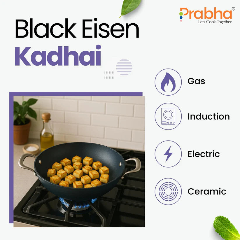 Black Eisen Cast Iron Kadhai With Steel Handle 2.5L, 24cm