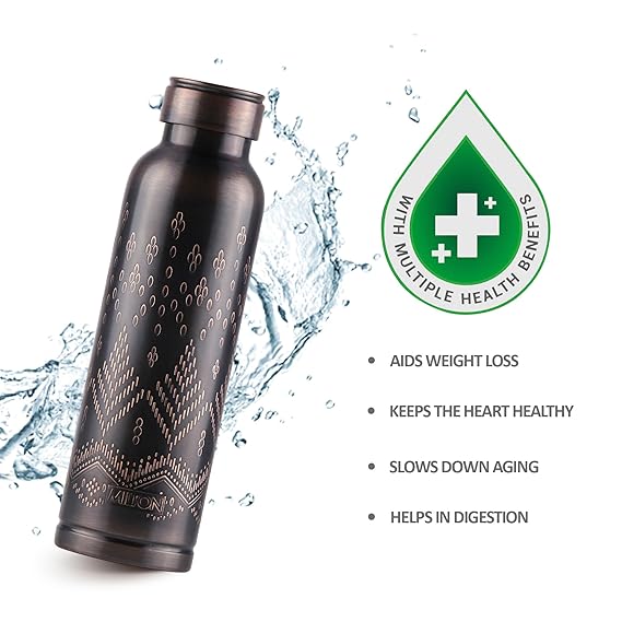 Milton Copper Swasth Water Bottle, 940 ml, Black Ethnic | Lacquer Coating, Curved bottle | Diwali | Festive | Gifting | Yoga | Home | Kitchen | Vedic