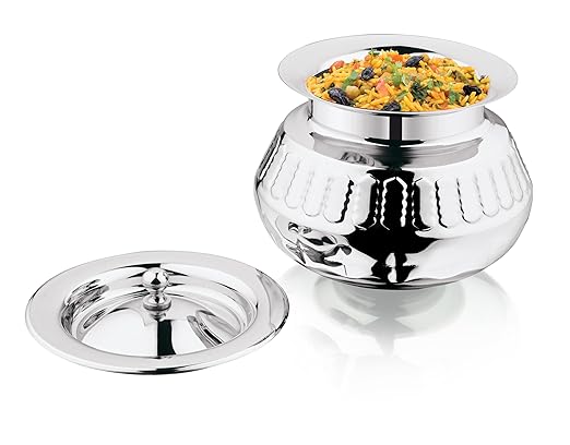 Mukti Stainless Steel Food Storage Handis & Cooking Pots|Curry Pots, Gravy, Rice Patilas, Biryani Kadhai & Topes|Khichdi King Pracheen with Lid|1100ml x 1pc
