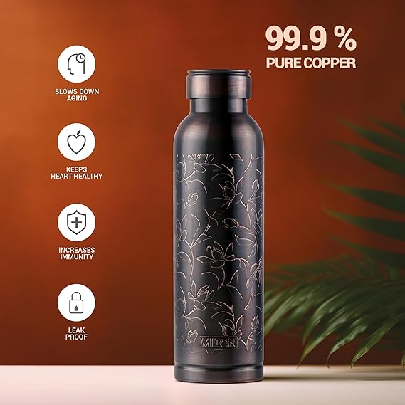 Milton Copper Swasth Water Bottle, 940 ml, Black Lotus | Lacquer Coating, Curved bottle | Diwali | Festive | Gifting | Yoga | Home | Kitchen | Vedic