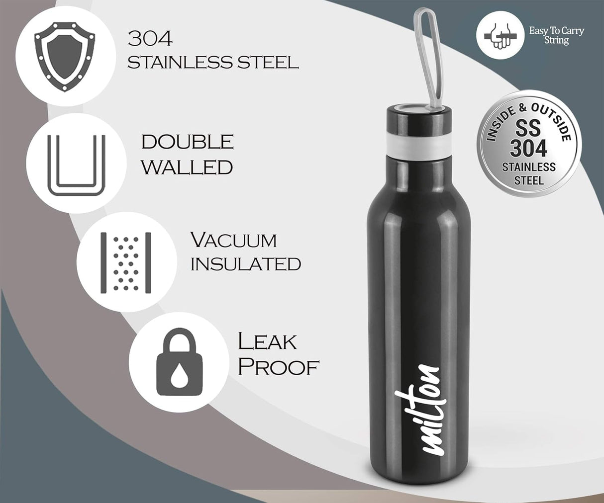 New Smarty 900 thermosteel Water Bottle 730 ml, 24 Hr Hot and Cold I Leak Proof Lid, ISI Certified I Vacuum Insulated I for Office, Gym, School | Black