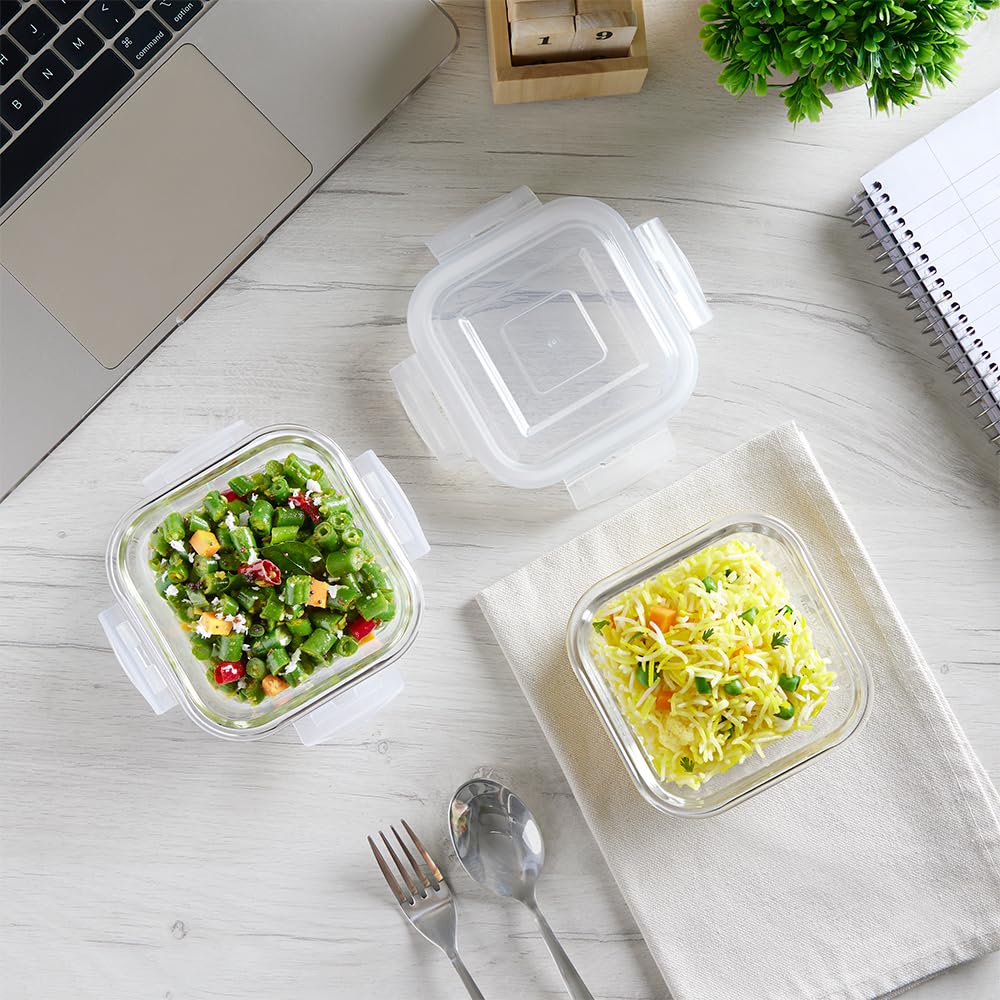 Borosil Klip n Store Lunchbox with Bag | Set of 2 (320ml Each), Square | Borosilicate Glass, Vertical | Microwave & Dishwasher Safe, Leakproof | Tiffin for Office/School/College | Blue, Transparent