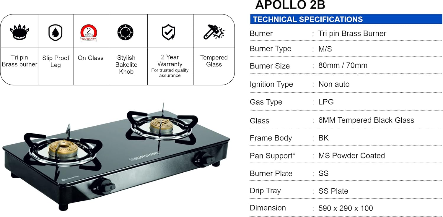Apollo 2 Burner Gas Stove Manual Ignition Glass Top (Black)
