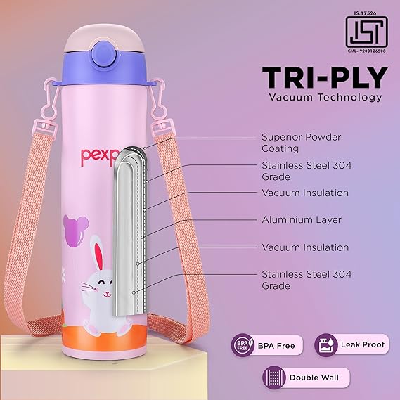 Pexpo Pixy 500 Cute Design |Hot & Cold Thermoflask - 470ml, Rabbit Print|Stainless Steel Water Bottle for 6+ Years Kids & Adults|Vacuum Insulated|Portable Handle|Double Wall