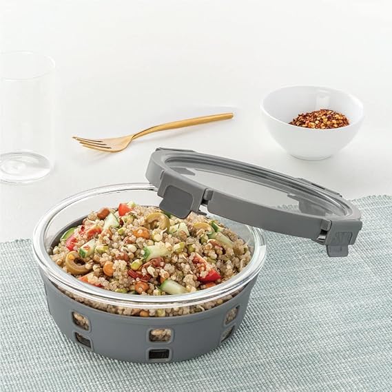 Borosil Klip N Store Plus 400 ml Round Glass Food Storage Container with Air Tight Glass Lid | Borosilicate Glass Container for Lunchbox | Microwave & Dishwasher Safe | Transparent