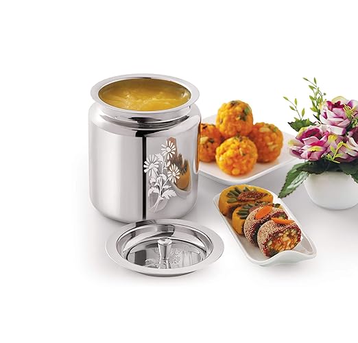 Mukti Stainless Steel Food Storage Jars & Containers|Ghee, Oil, Pickle Pot|Serving & Storing|Heritage Flora Ghee Pot Without Spoon|300ml x 1