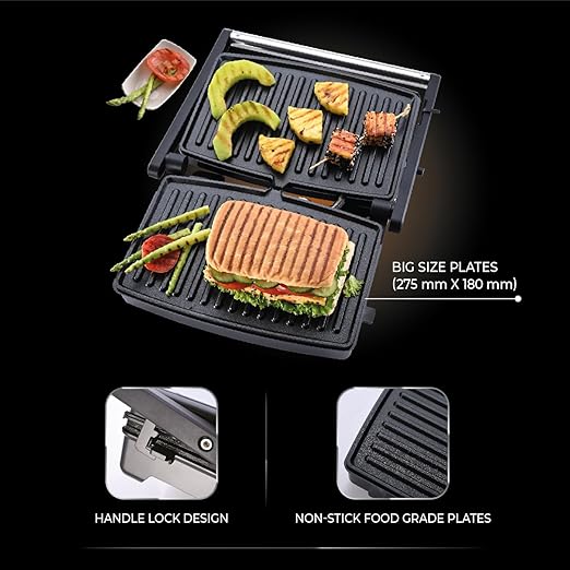 Usha iChef Sandwich Grill | 1500 Watt| Large 2 Slice Flat Bread Griller | 0-180° Flat Bed | Floating Hinge Design | 2 stage Thermal Safety