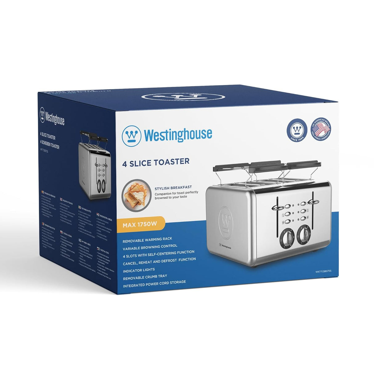 Westinghouse 4 Slice Toaster WKTTCB807SS | Self-Centering Slots | Variable Browning Control | Removable Warming Rack | Integrated Cord Storage | Cancel, Reheat, Defrost Functions | Silver