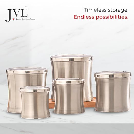 JVL Classicware Stainless Steel Belly-Shaped Storage Tin, Matte Finish Container with See-Through Lid, Food-Grade, Durable & Elegant, Ideal for Kitchen Essentials, Snacks & Grains (1 Pc) (0.9L)