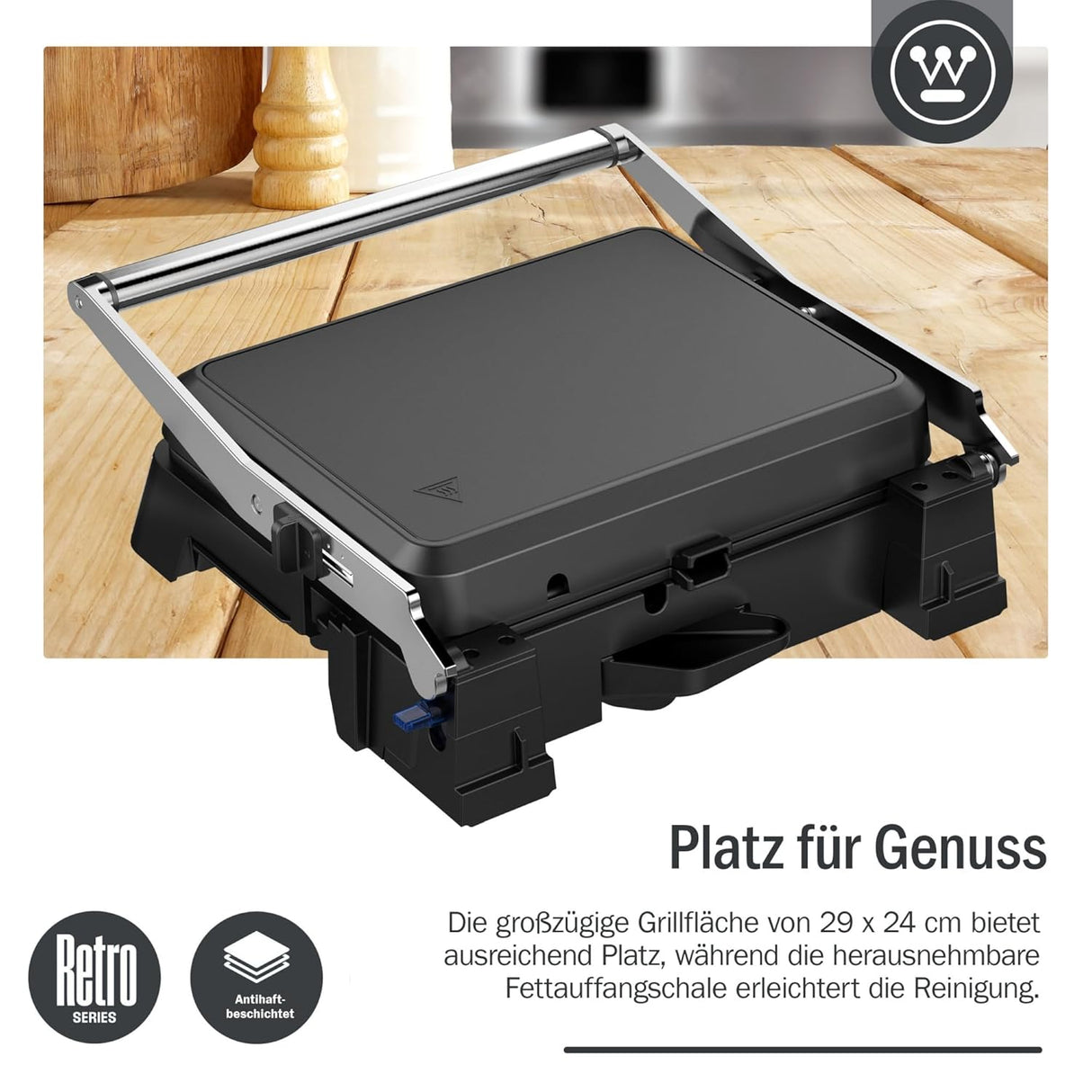 Westinghouse 2200W Retro Contact Grill | Double Sided Non-Stick Grill Plate for Indoor Table Grilling | Opens 180° to Double Size | Adjustable Height Control | Cool Touch Handles | (Black WKCG907BK)