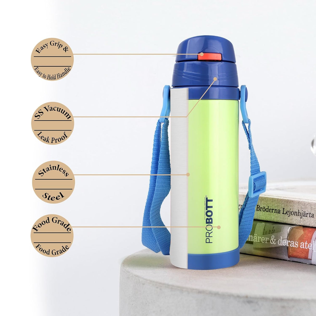 Probott Tom 500ml Kids Vacuum Insulated Flask – Hot & Cold Stainless Steel Sipper Bottle with Straw & Strap, Blue, Leak-Proof & Dishwasher Safe PB 500-51