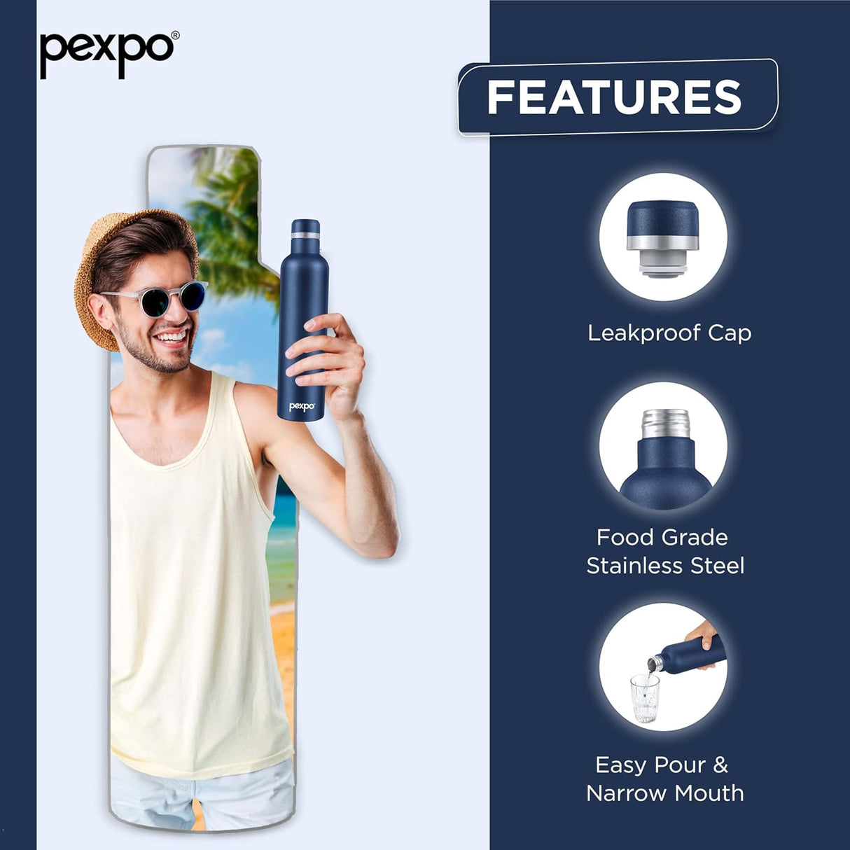 Pexpo Oreo Pro 1000 Stainless Steel Hot and Cold Vacuum Insulated ISI Certified Flask, 980ml, Denim Blue | Double Wall Flask | BPA Free | Office | School | Home | Hiking | Gym| RCB Edition